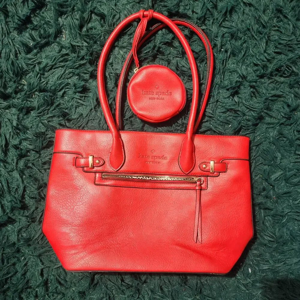 Kate Spade Red Leather Tote Bag with Coin Pouch Leopard Lining Shoulder Purse